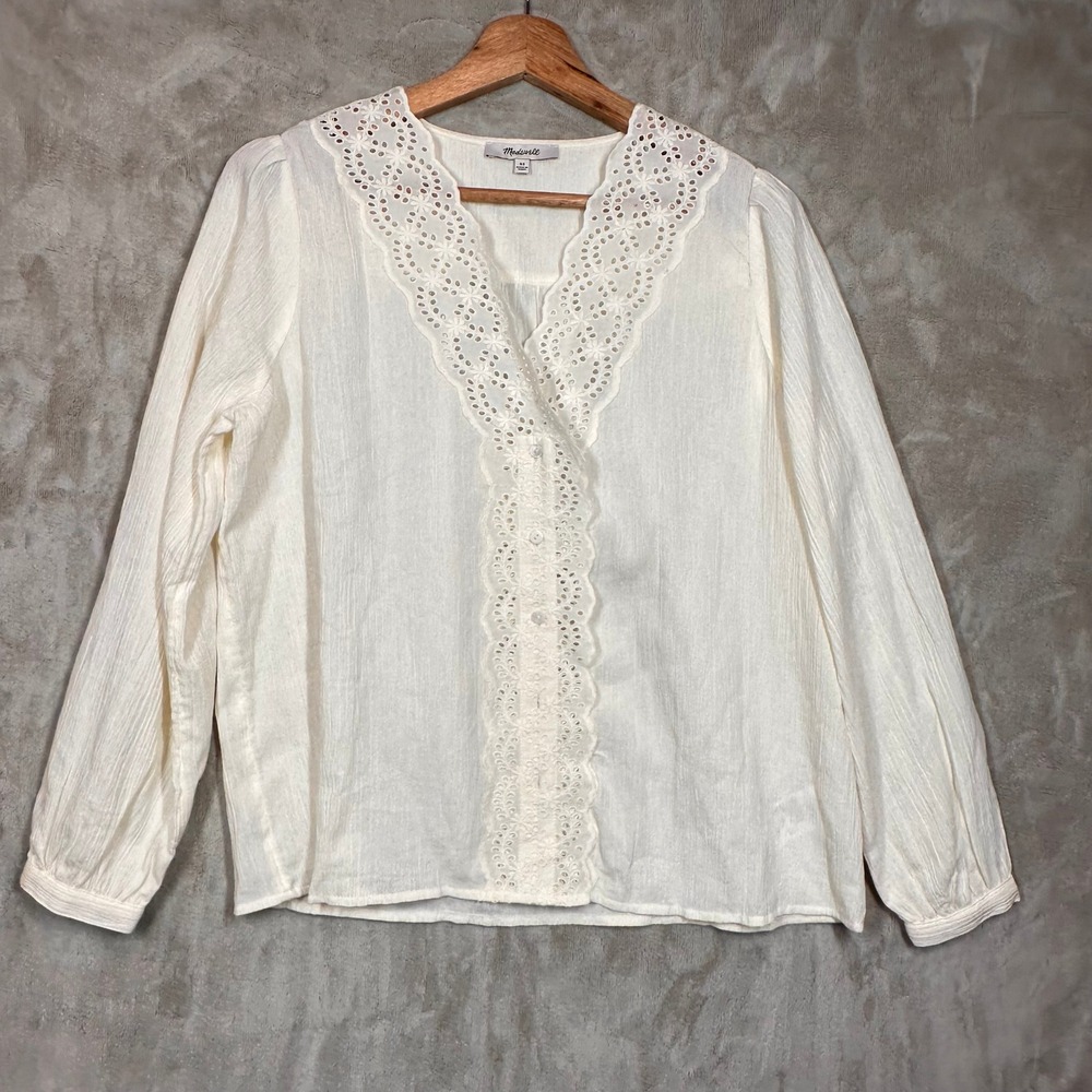 Madewell Eyelet Blouse Top XS Ivory White Long Sleeve Button Down Shirt
